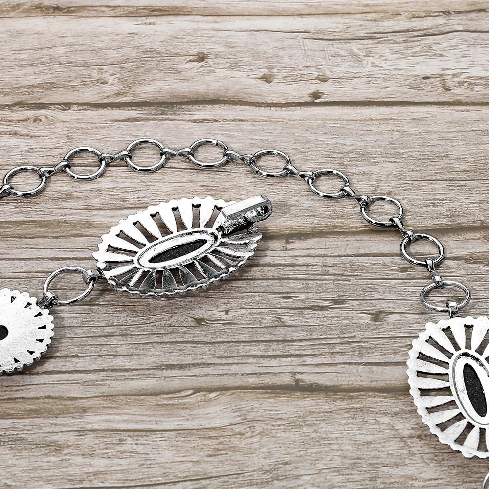 Silver & Black Boho Vintage Western Stone Concho Statement Belt